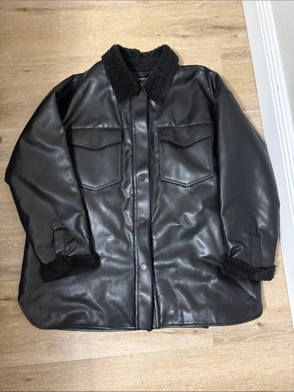 Forever 21 Black Faux Leather Sherpa-Trim Coat